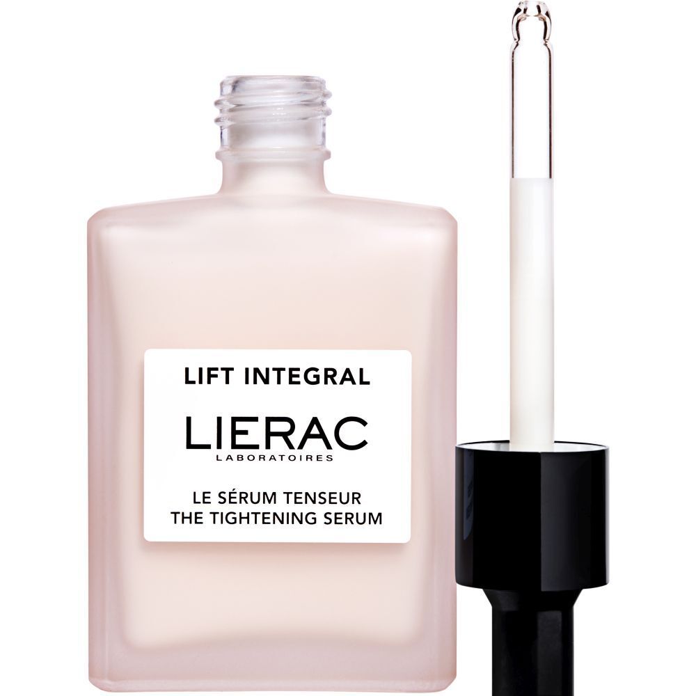 Flacone di siero aperto con contagocce. Scritta: LIFT INTEGRAL, LIERAC, LE SÉRUM TENSEUR, THE TIGHTENING SERUM. Flacone e contagocce.