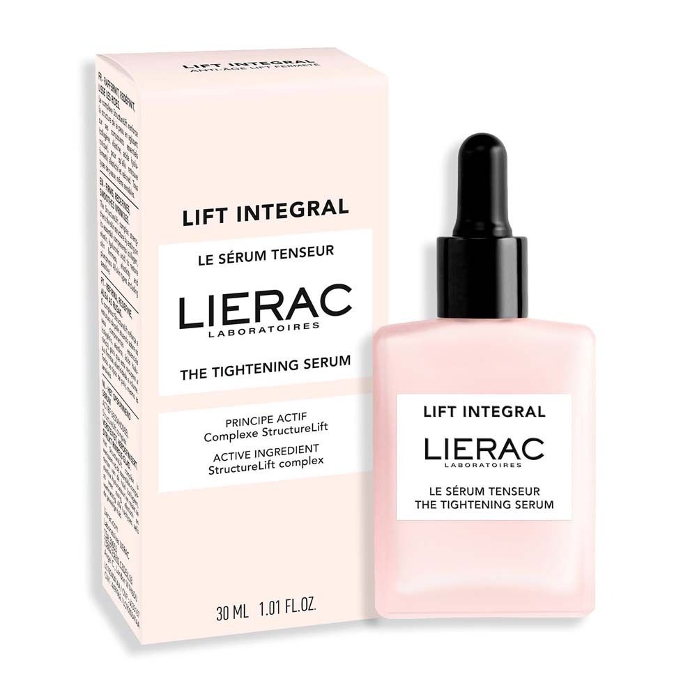 Scatola e flacone rosa. Scritta: Lift Integral, LIERAC, Le Sérum Tenseur, The Tightening Serum. 30 ml.