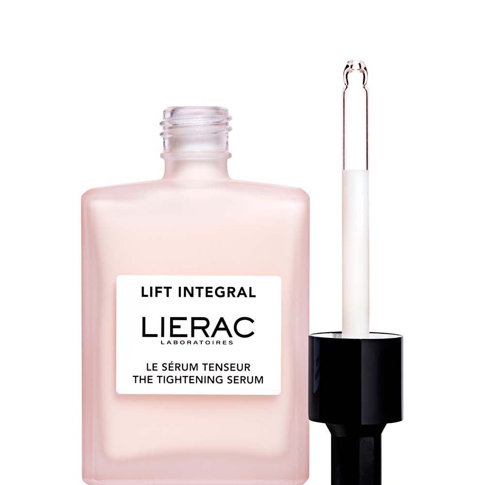 Flacone rosa con pipetta. Scritta: Lift Integral, LIERAC, Le Sérum Tenseur, The Tightening Serum.