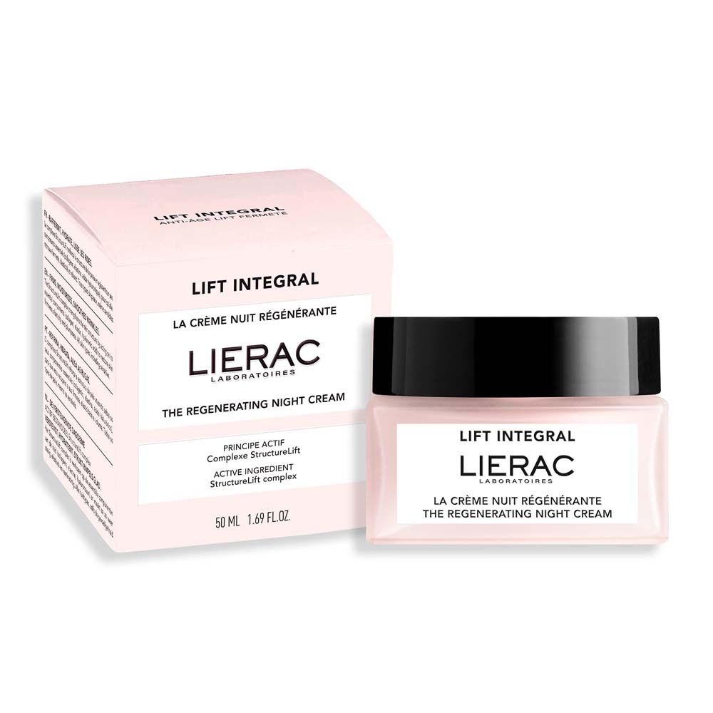 Confezione e vasetto del prodotto. Scritta: Lierac, Lift Integral, La Crème Nuit Régénérante.