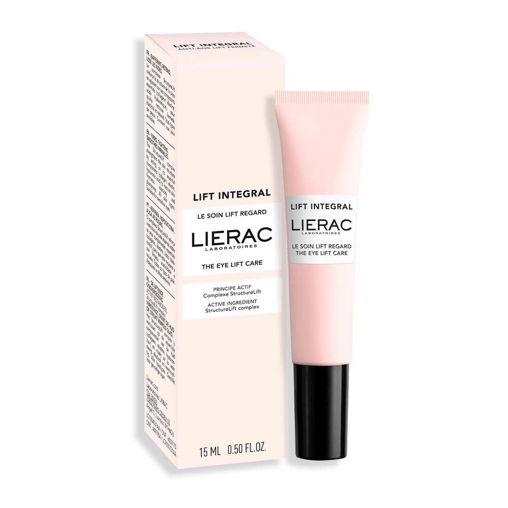 Tubo rosa con confezione. Scritta: LIFT INTEGRAL, LIERAC. Prodotto: THE EYE LIFT CARE. 15 ml.