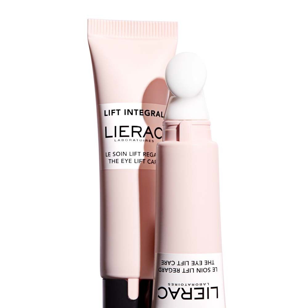Due tubi rosa. Scritta: LIFT INTEGRAL, LIERAC. Prodotto: THE EYE LIFT CARE. Con applicatore.