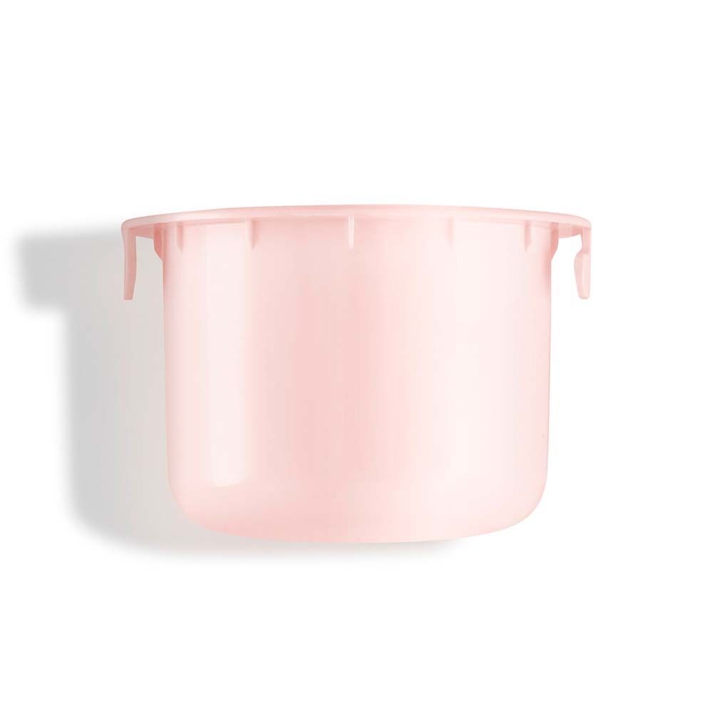 Ricarica rosa per crema giorno. Forma cilindrica con due piccole maniglie. Superficie liscia.