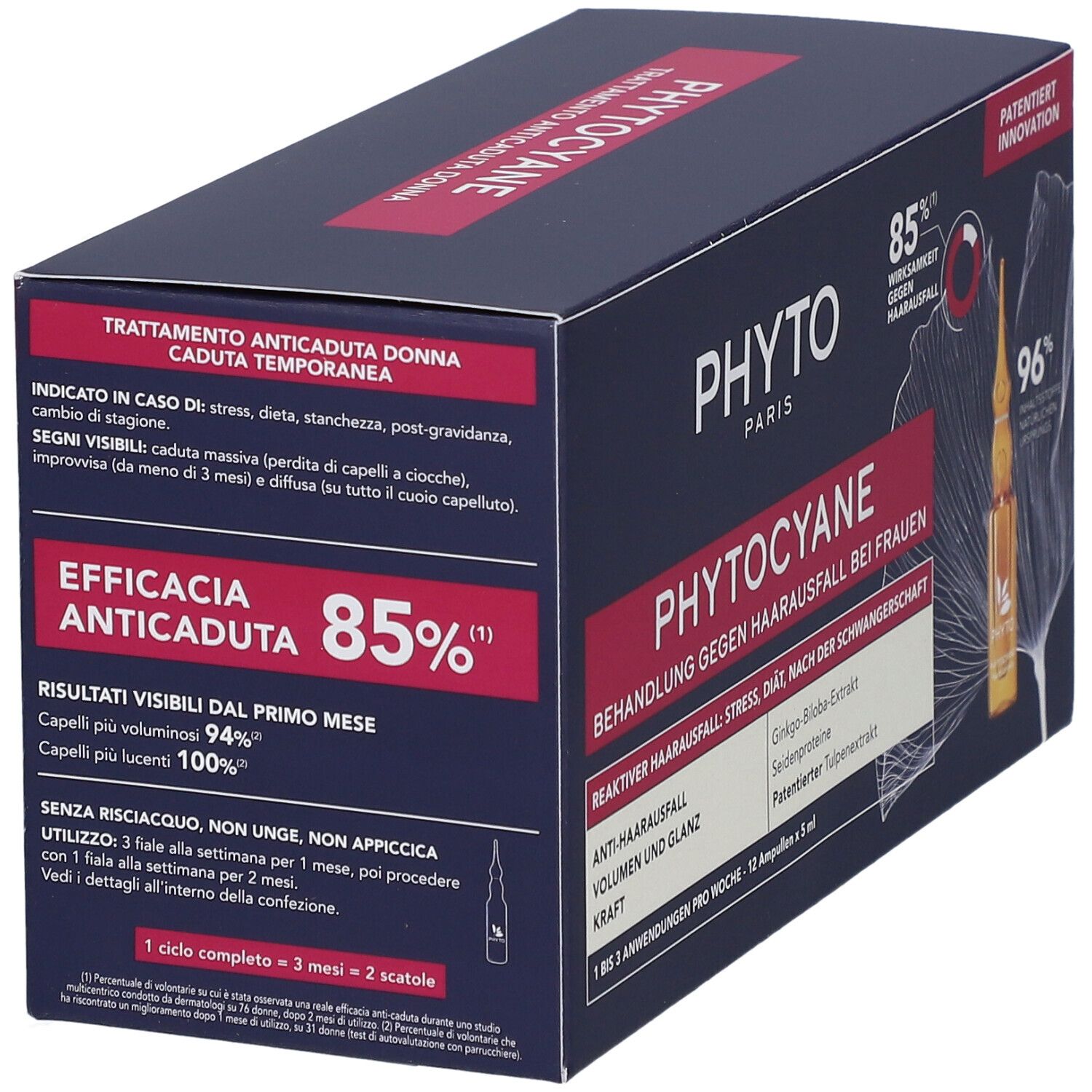 Scatola Phyto Phytocyane: trattamento anticaduta capelli per donne, 12 fiale da 3ml.