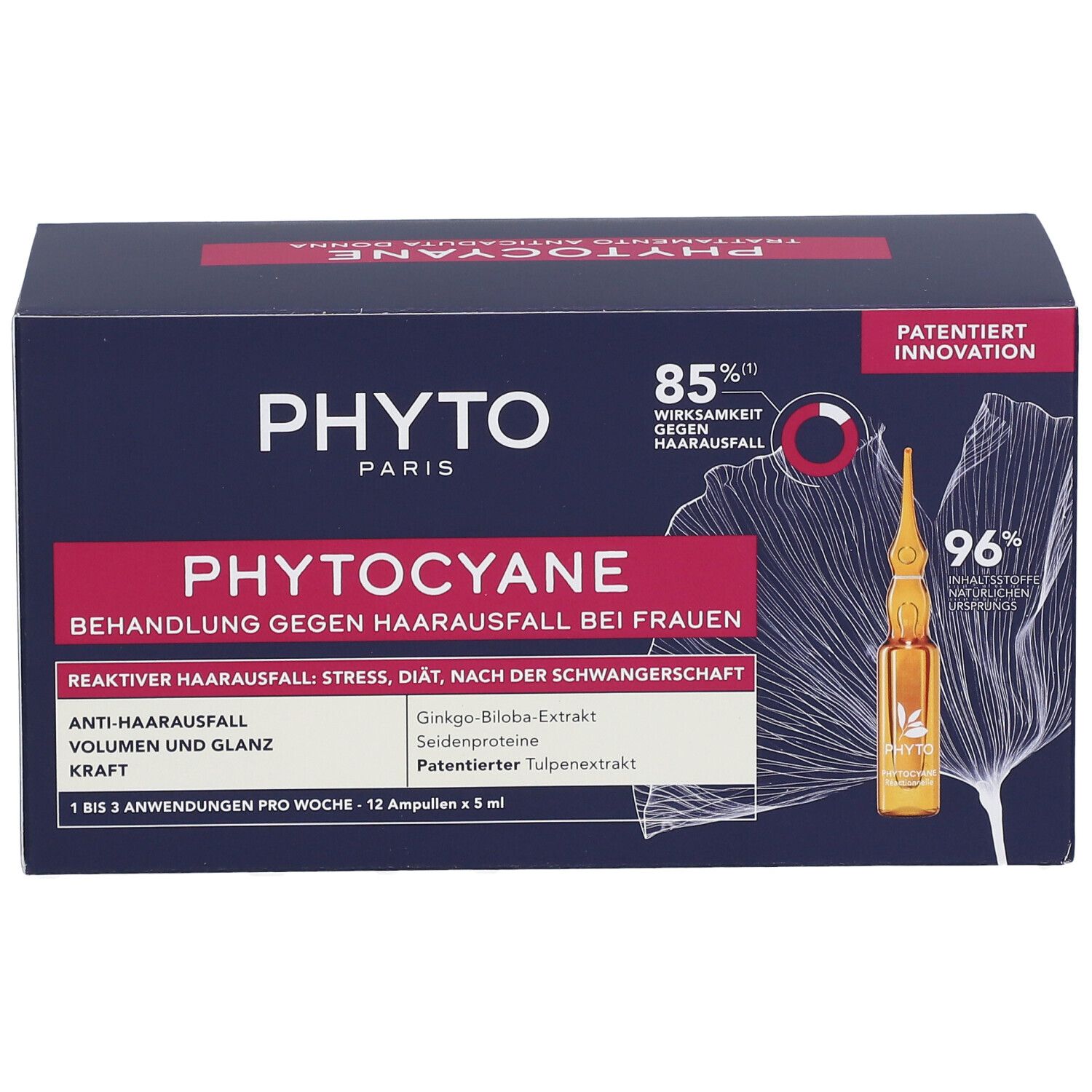 Phyto Phytocyane scatola con 12 fiale contro la caduta dei capelli nelle donne. Contiene estratto di Ginkgo Biloba e proteine della seta.