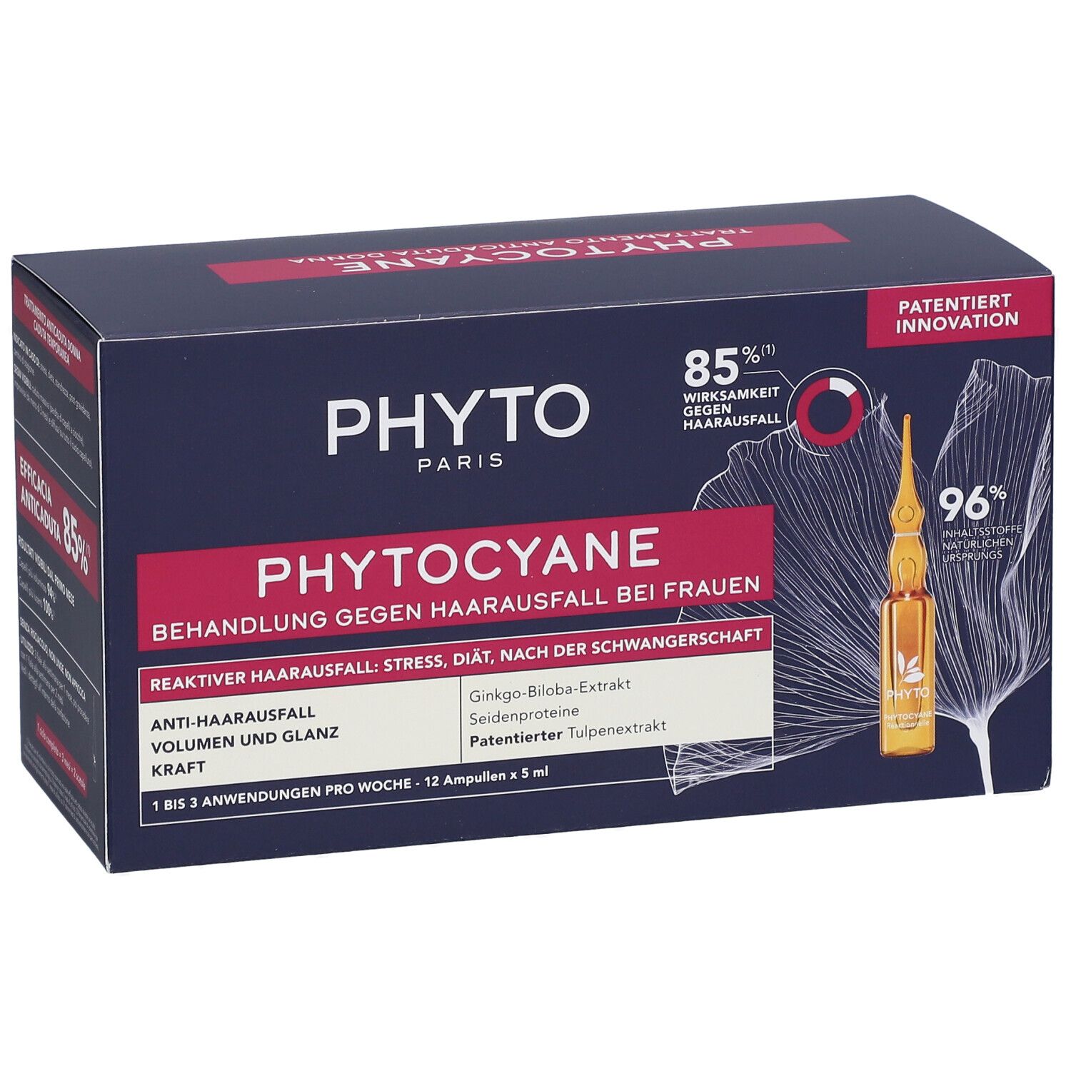 Phyto Phytocyane Box: 12 flaconcini da 5 ml per il trattamento della caduta dei capelli nelle donne. Contiene estratto di Ginkgo Biloba.