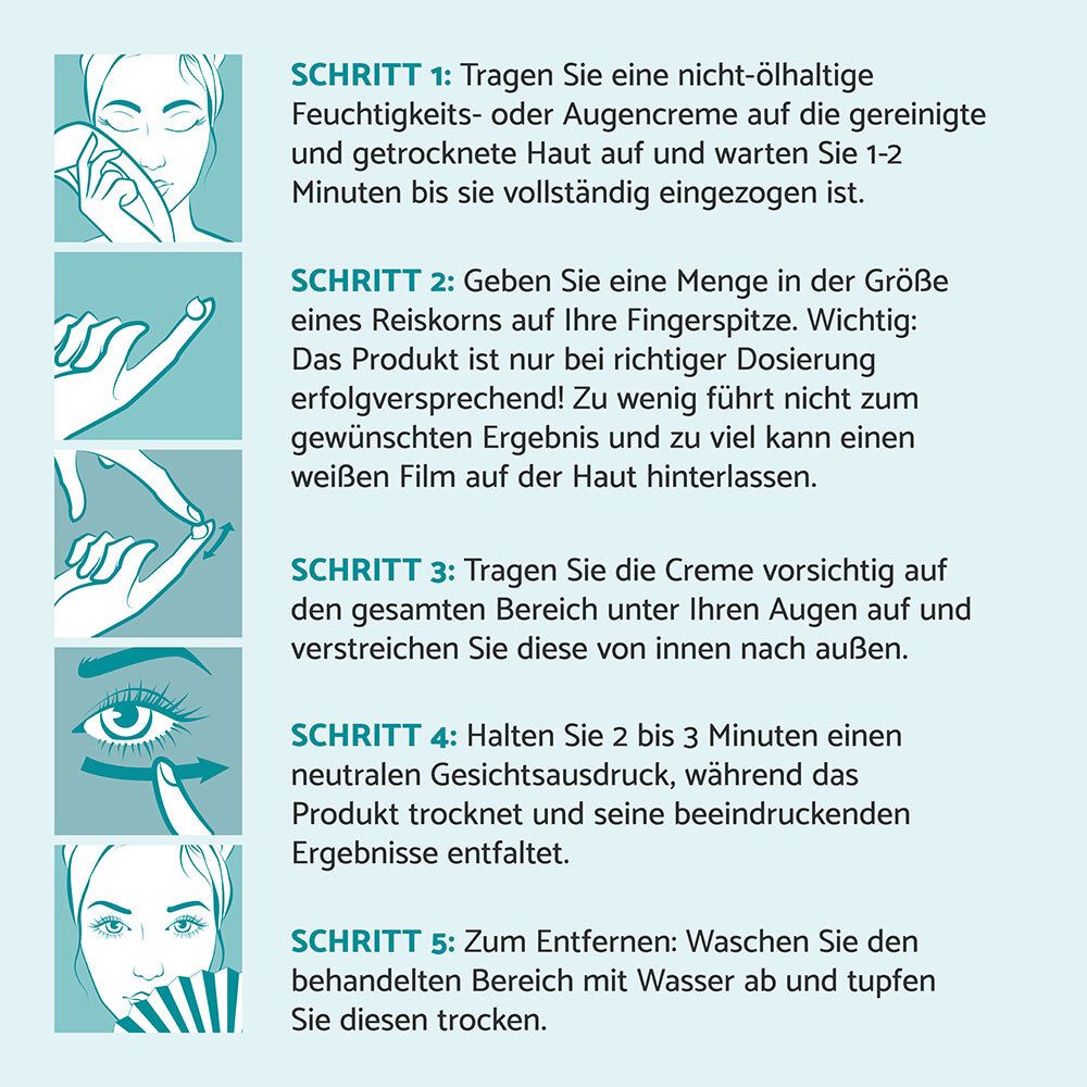 Fasi di applicazione. 5 passaggi con illustrazioni. Testo: Applicare la crema con cura.