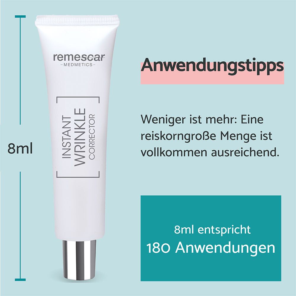 Tubo Remescar Correttore Istantaneo Rughe (8ml) con consigli d'uso e indicazione di resa.