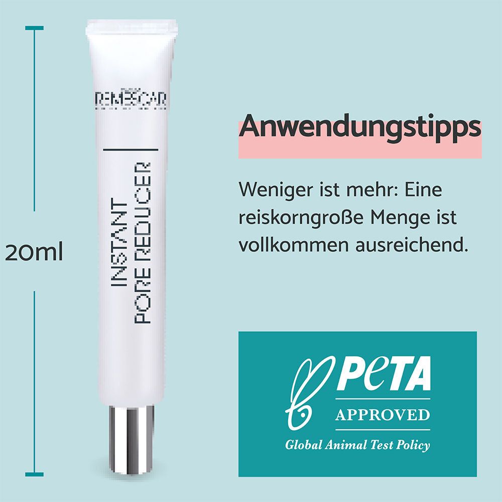 Tubo di Remescar Instant Pore Reducer. Bianco, con nome del prodotto e indicazione 20ml. Logo PETA.