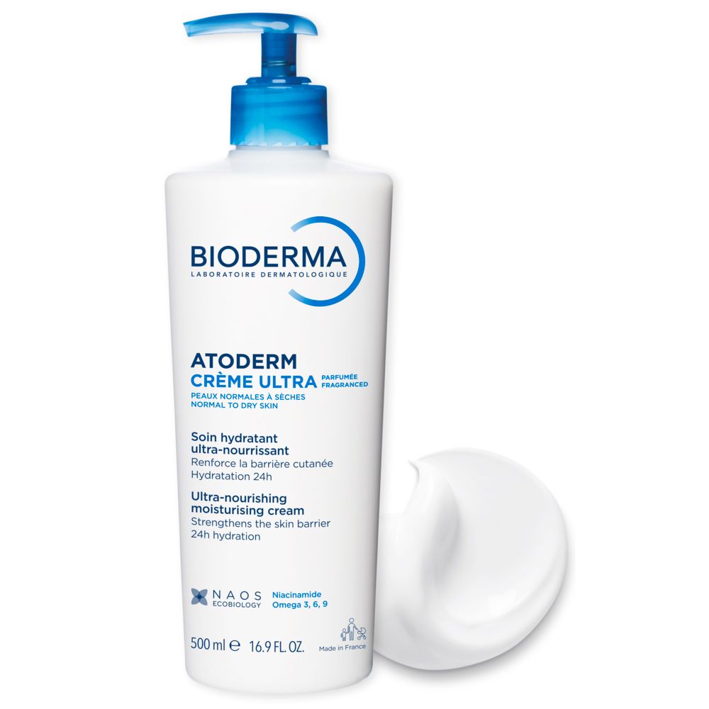 Grafico dei risultati di Atoderm Crème Ultra. Goccia, cellule, freccia. Testo: Idrata, lunga durata, assorbimento rapido.