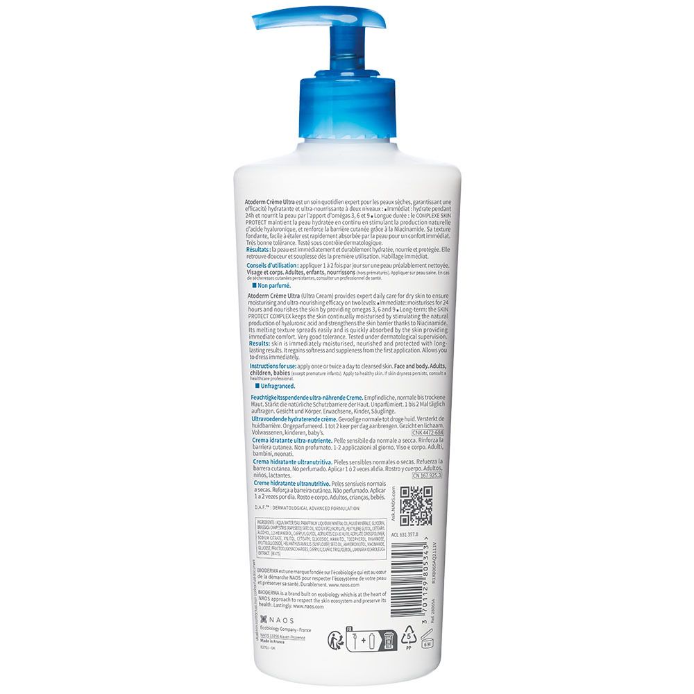 Retro del flacone BIODERMA Atoderm Crème Ultra. Testo e codice QR. Flacone bianco con dosatore blu.