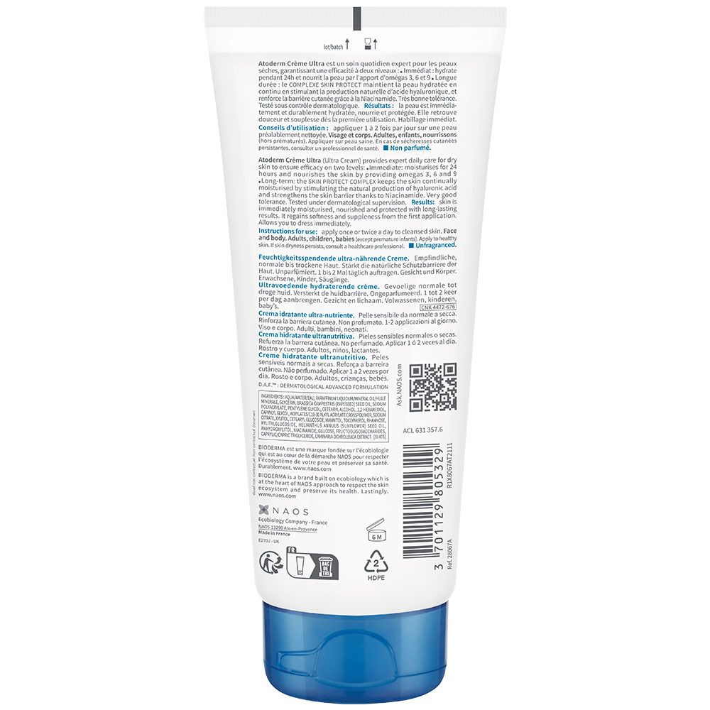 Retro del tubo Atoderm Crème Ultra. Testo multilingue. Codice QR e simboli di riciclaggio.