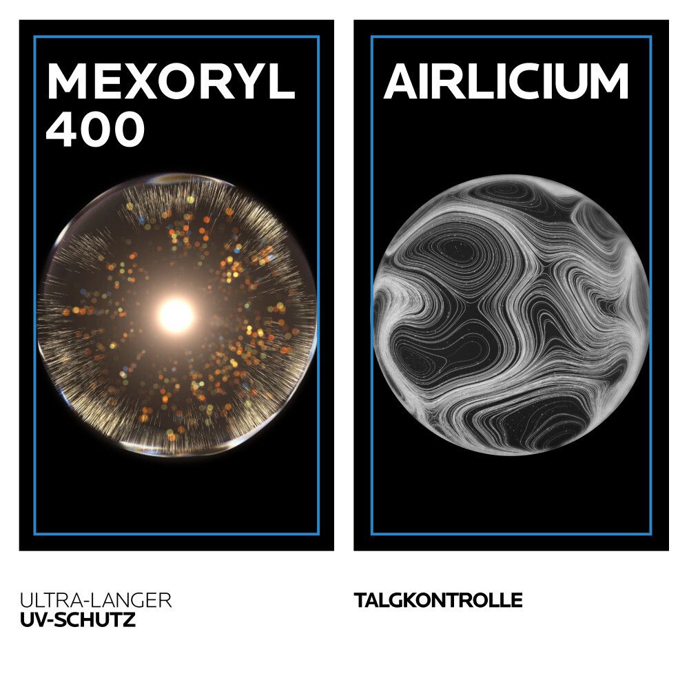 Due illustrazioni. Sinistra: Mexoryl 400. Destra: Airlicium. Testo: Protezione UV ultra-lunga, controllo del sebo.