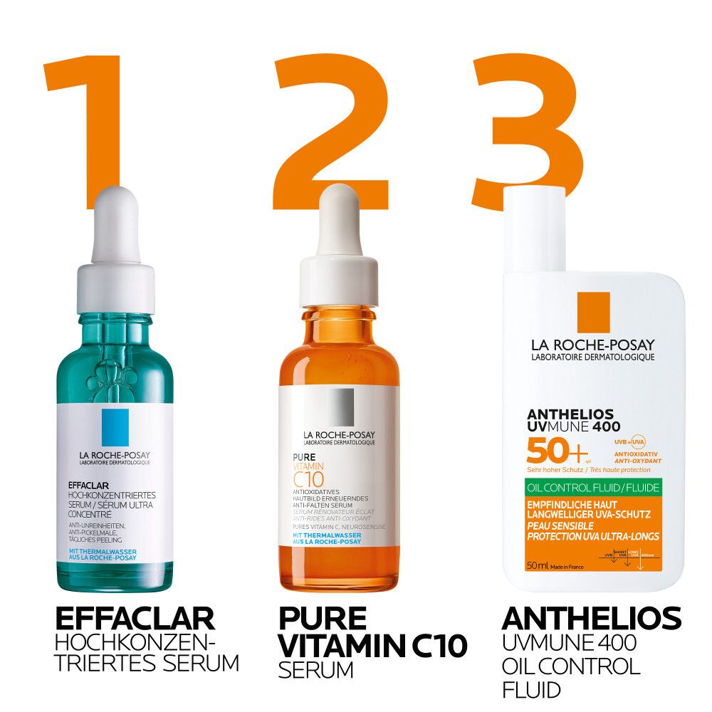 Tre prodotti affiancati. Siero Effaclar, Siero Pure Vitamina C10, Fluido Anthelios UVMUNE 400 Oil Control.
