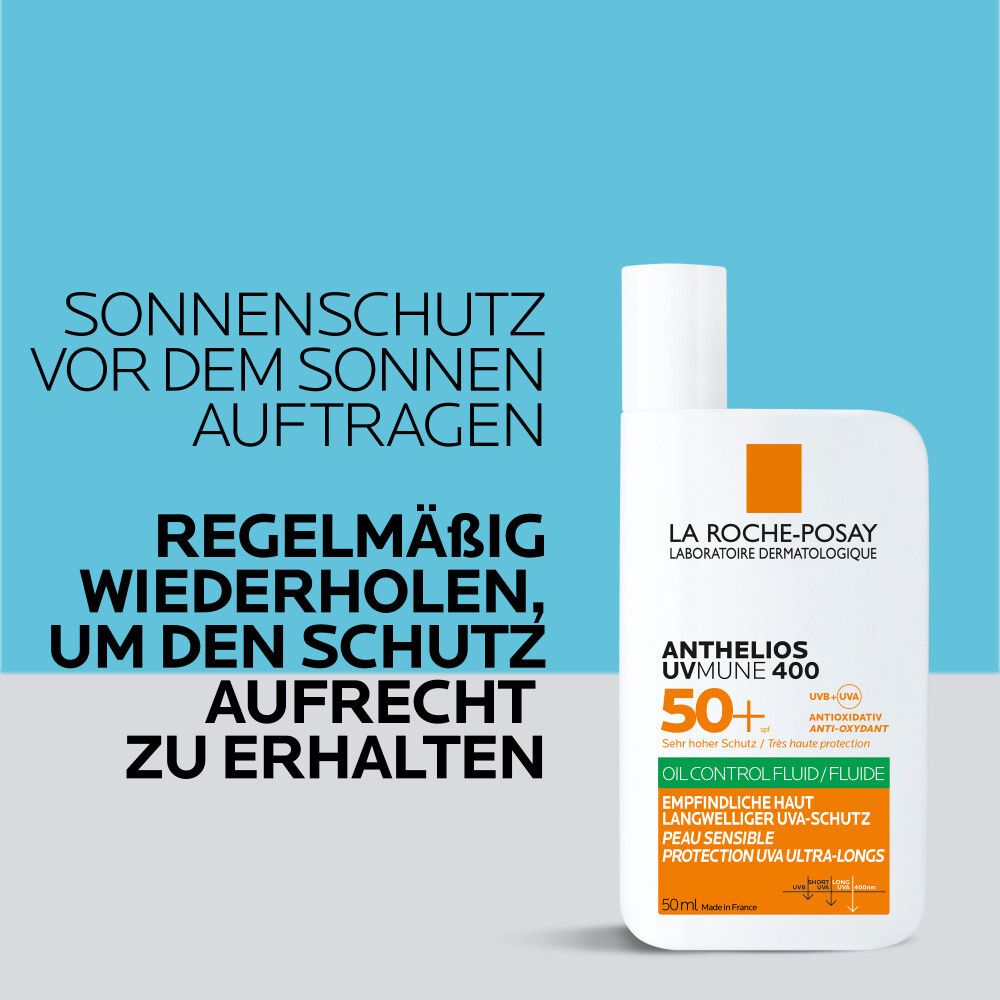 Flacone del prodotto con testo. Testo: Protezione solare prima dell'esposizione al sole. Ripetere regolarmente per mantenere la protezione.