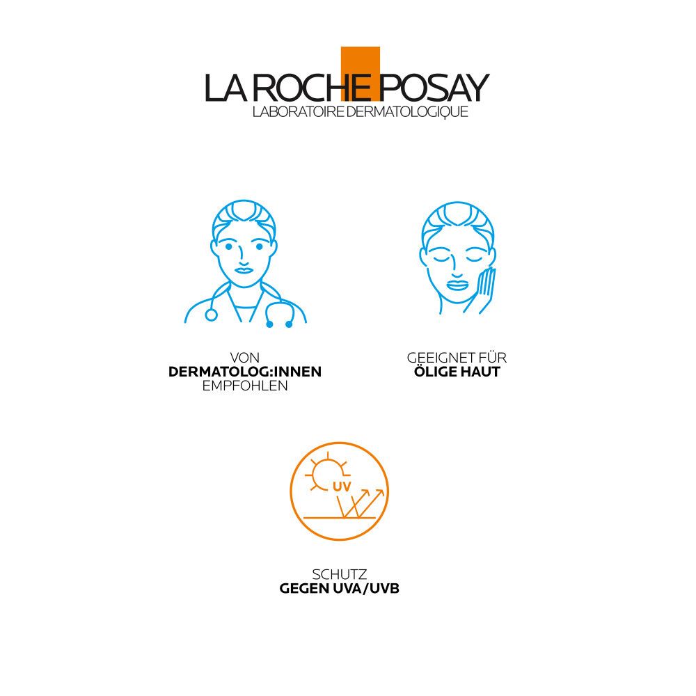 Logo La Roche-Posay. Illustrazioni: Raccomandato dai dermatologi, adatto alla pelle grassa, protezione UVA/UVB.