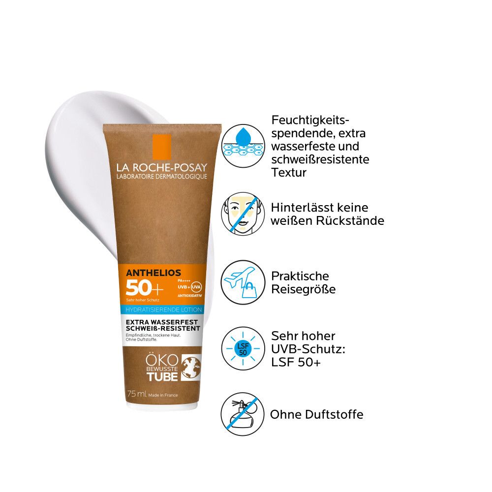 Tubo La Roche-Posay Anthelios 50+. Texture, protezione UV, resistente all'acqua, formato da viaggio, senza profumo. Icone.