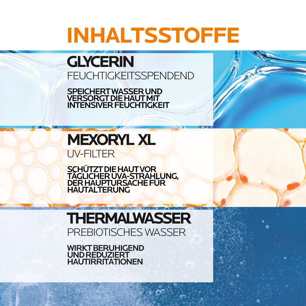 Ingredienti: Glicerina, Mexoryl XL, Acqua termale. Informazioni in tedesco. Sfondo blu.