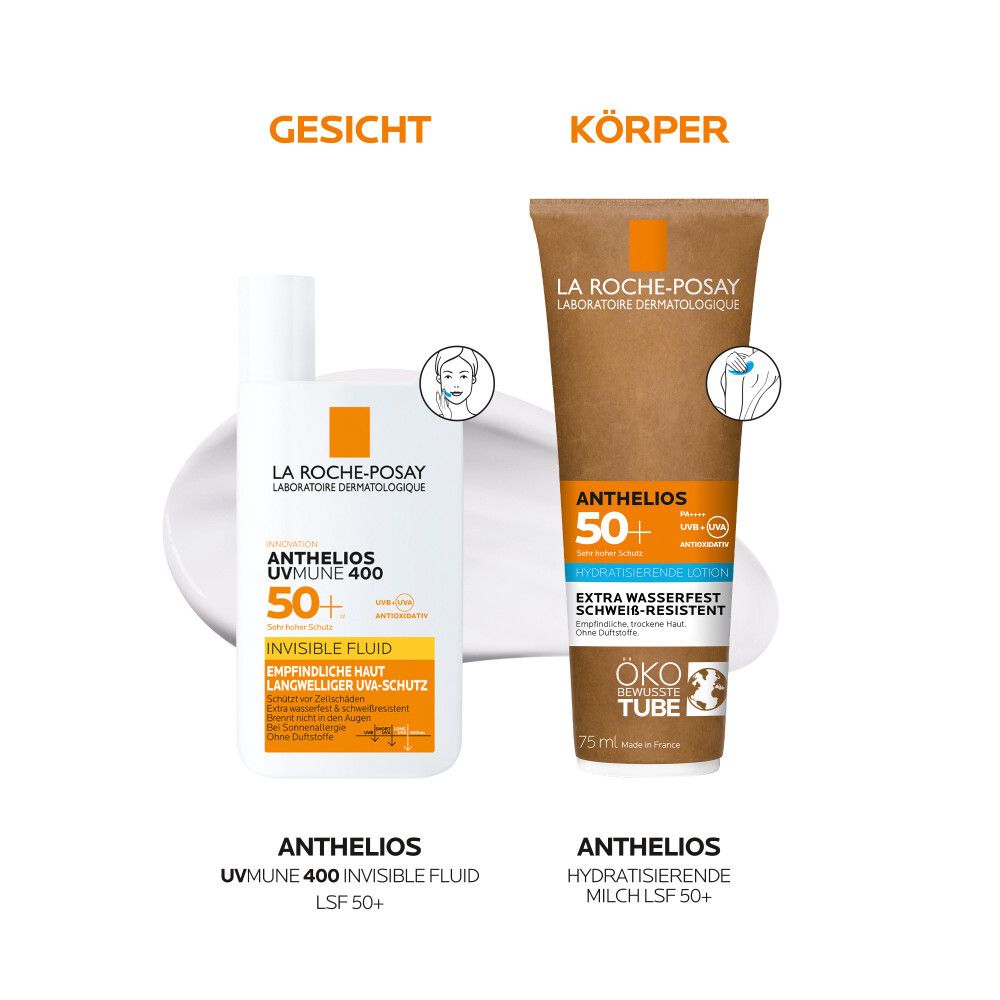 La Roche-Posay Anthelios 50+ latte solare e fluido invisibile. Viso e corpo. Crema bianca.