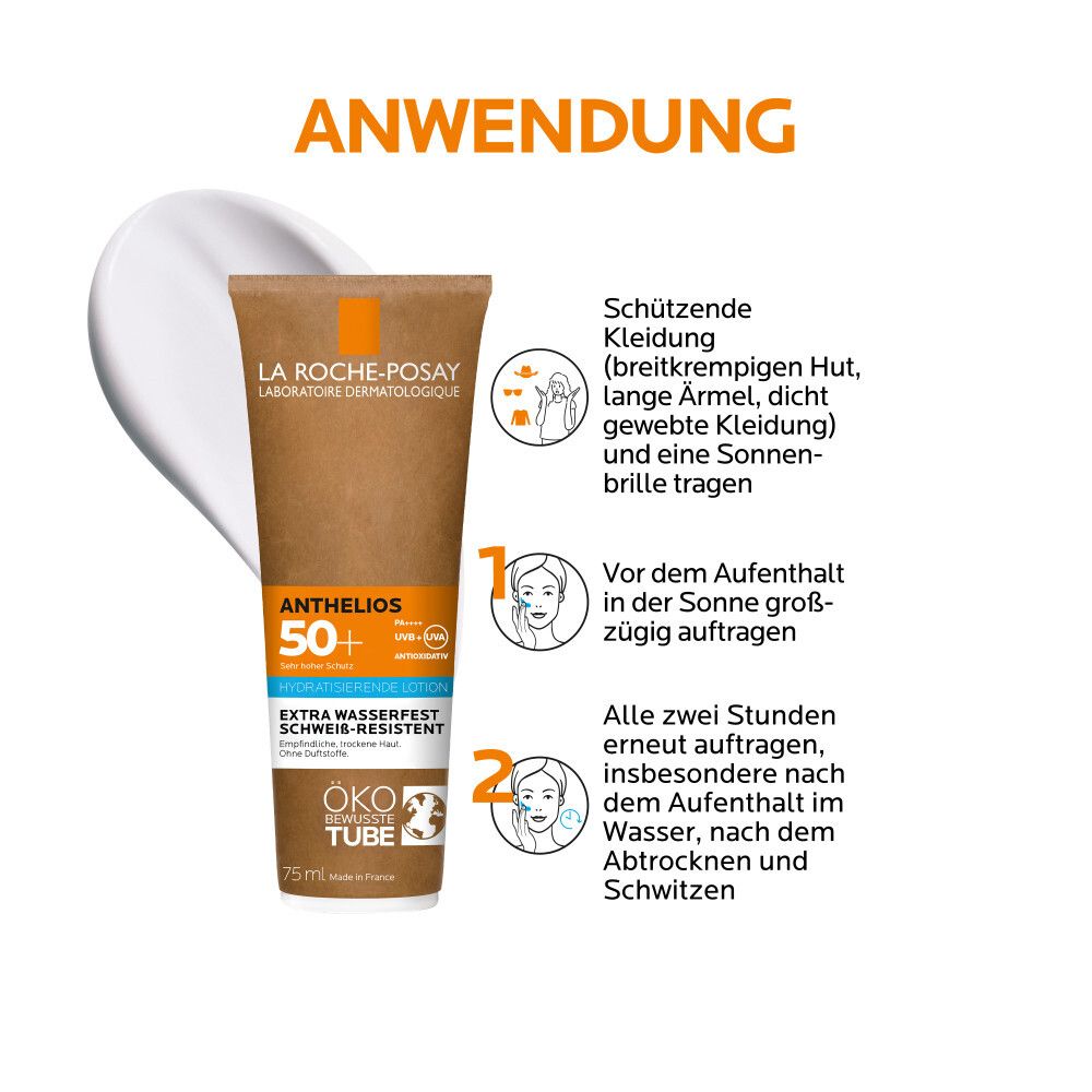 Applicazione: applicare Anthelios 50+, indossare indumenti, ripetere ogni 2 ore. Icone.