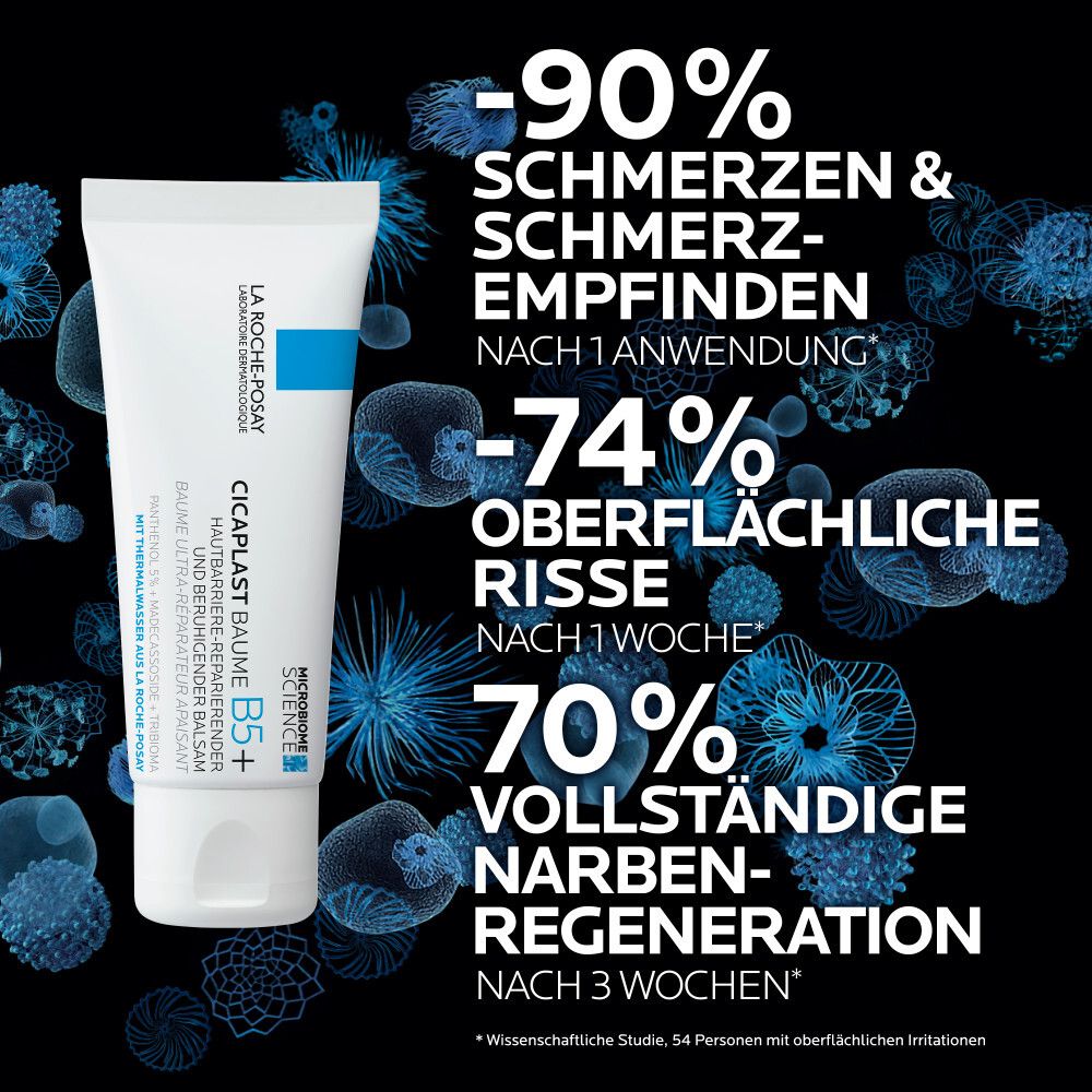 La Roche-Posay Cicaplast Baume B5+ su sfondo nero. Testo con percentuali dei risultati.