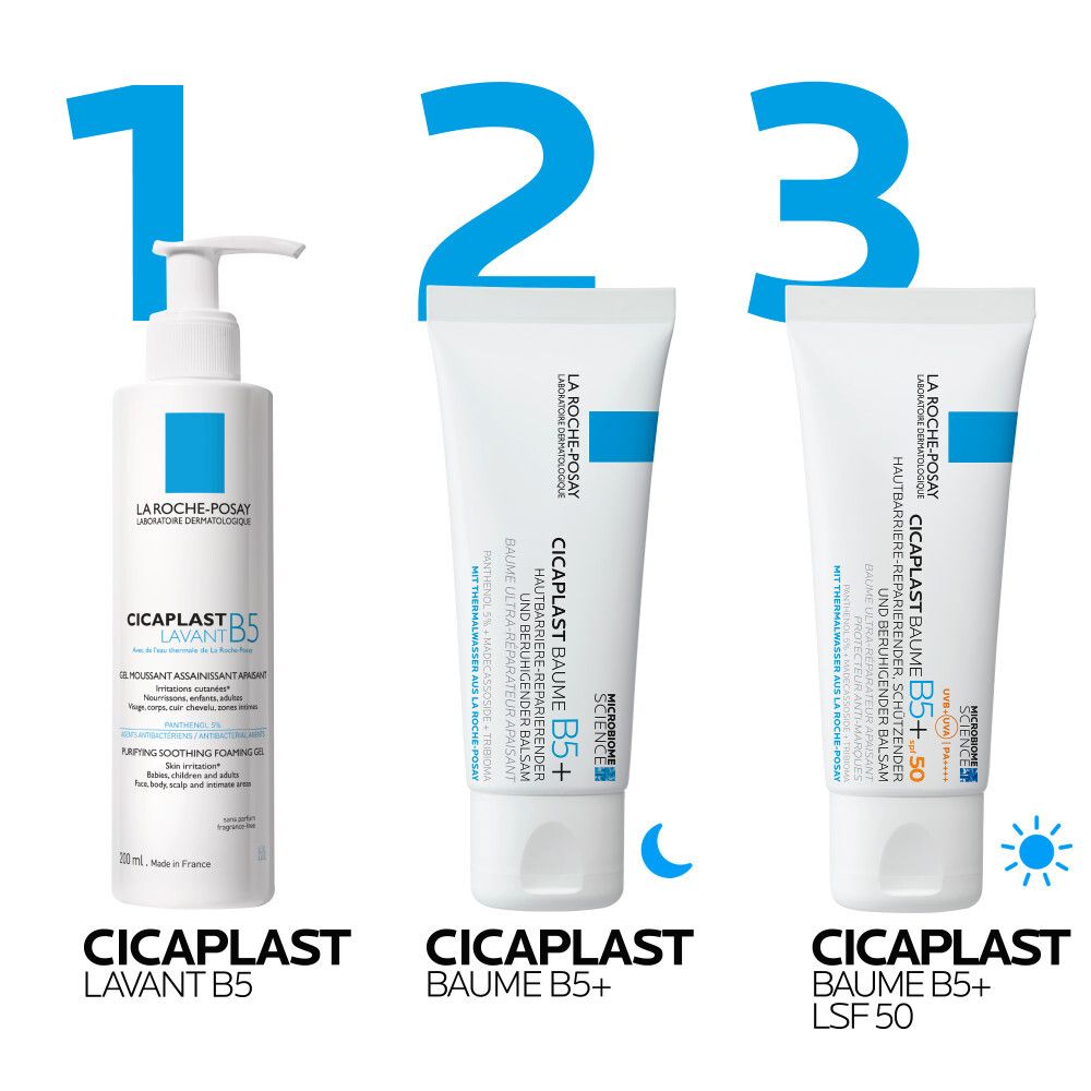 Tre prodotti Cicaplast: Lavant B5, Baume B5+, Baume B5+ SPF 50. Simboli notte e giorno.