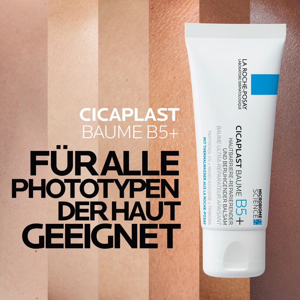 Cicaplast Baume B5+ accanto a tonalità della pelle. Testo: Adatto a tutti i tipi di pelle.