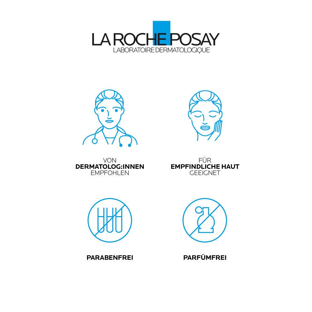 Logo La Roche-Posay. Pittogrammi: Raccomandato dai dermatologi, adatto alle pelli sensibili, senza parabeni, senza profumo.