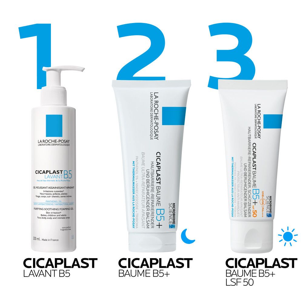 Tre prodotti Cicaplast: Lavant B5, Baume B5+, Baume B5+ SPF 50.