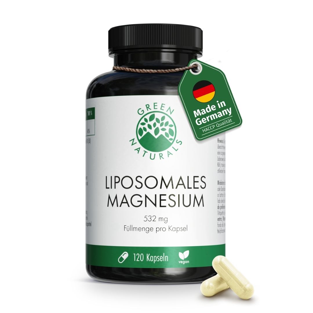 Flacone verde con tappo nero. Etichetta: Made in Germany. Scritta: LIPOSOMALES MAGNESIUM, 120 capsule.