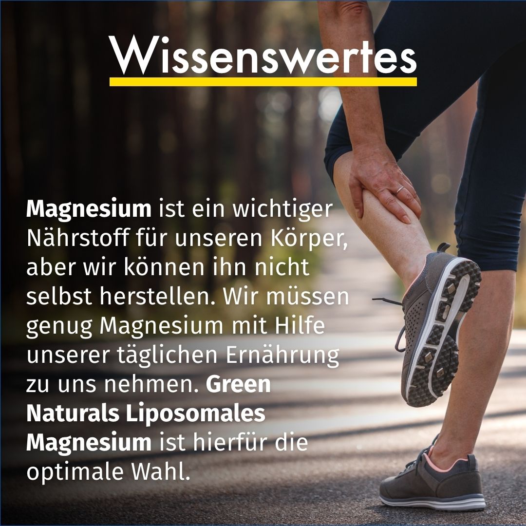 Testo su sfondo blu. Titolo: Informazioni utili. Testo su magnesio e Green Naturals Liposomales Magnesium.