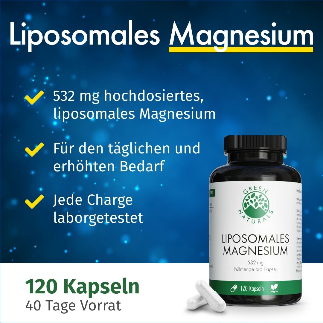 Testo su sfondo blu. Titolo: Magnesio liposomiale. Flacone e capsule. Testo sui vantaggi.