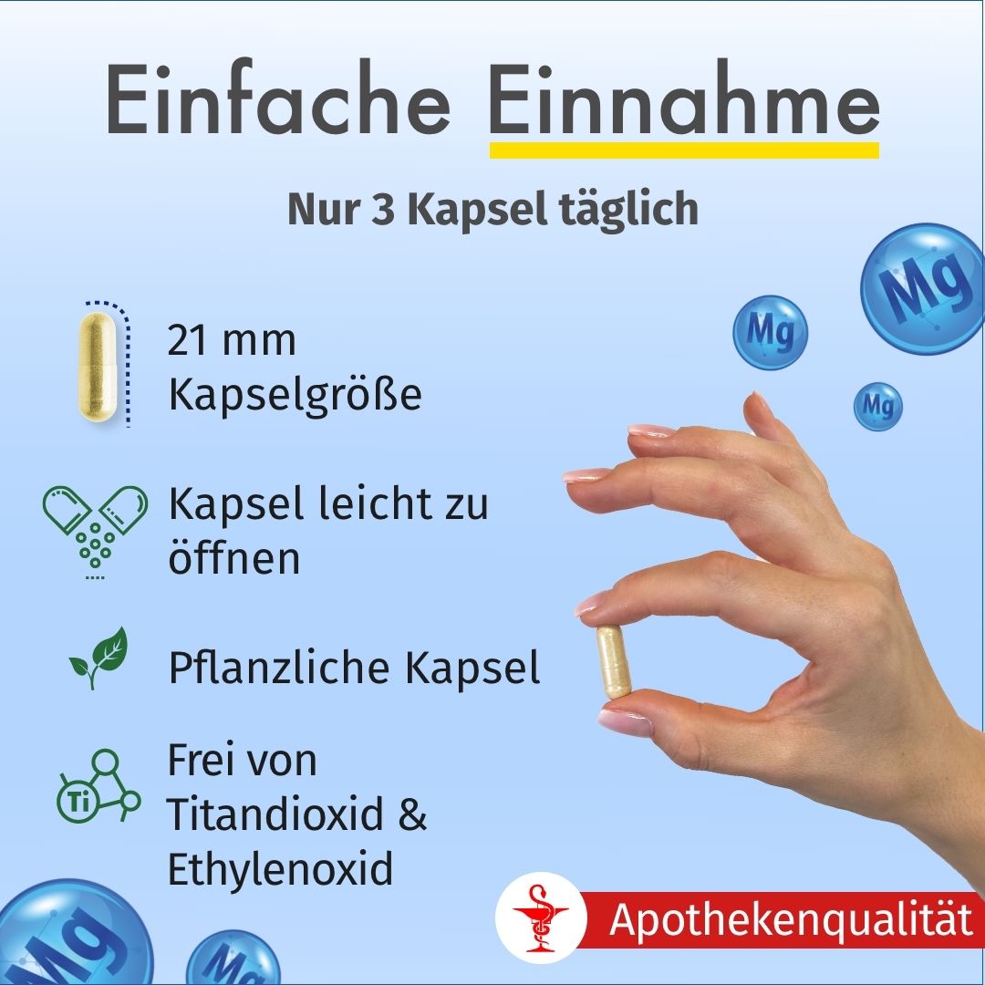 Grafico: Facile assunzione. Capsula e mano. Testo su dimensioni capsula, capsula vegetale, senza biossido di titanio.