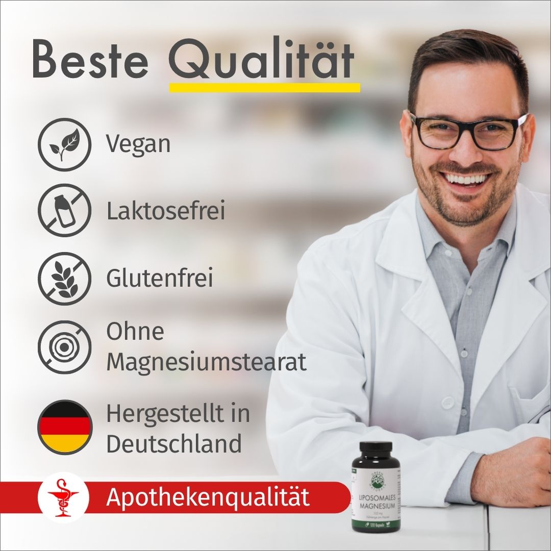 Uomo in camice bianco. Testo: Migliore qualità. Vegano, senza lattosio, senza glutine, senza stearato di magnesio, Made in Germany.