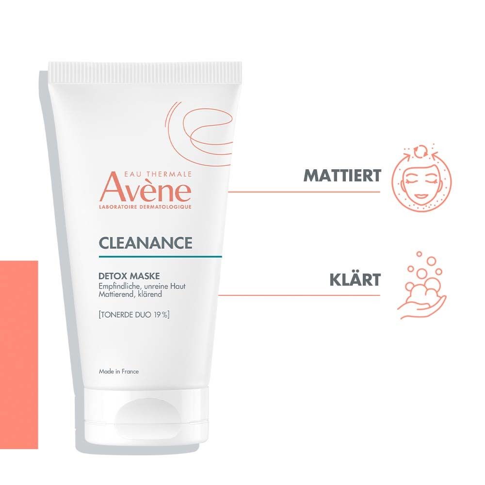 Tubo Avène Cleanance. Maschera detox. Icone: opacizzante e purificante.
