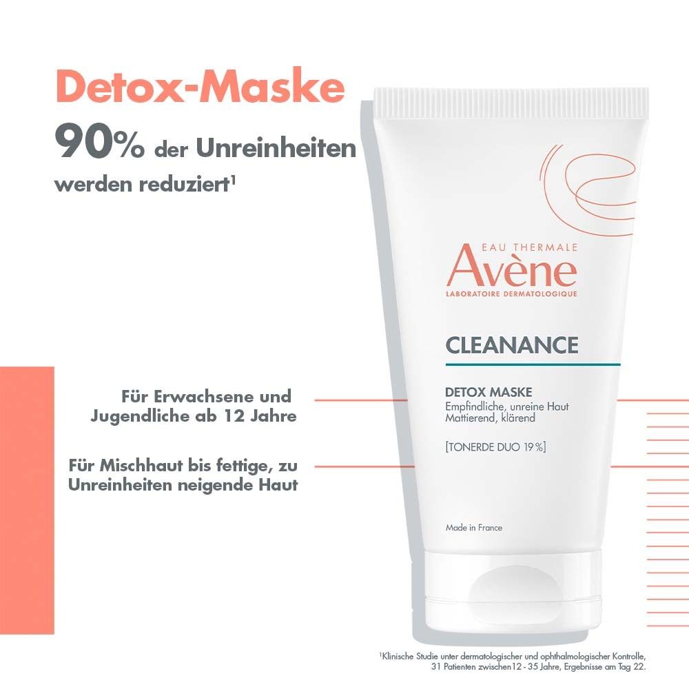 Tubo Avène Cleanance. Maschera detox. Testo: 90% di impurità in meno. Per adulti e ragazzi.
