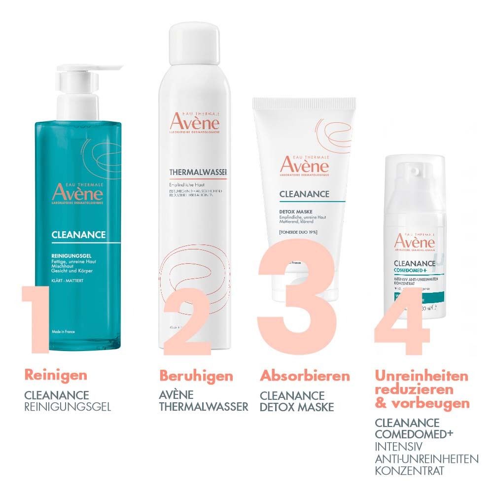 Quattro prodotti: gel detergente, acqua termale, maschera detox, concentrato. Legende: pulire, lenire, assorbire, ridurre brufoli.