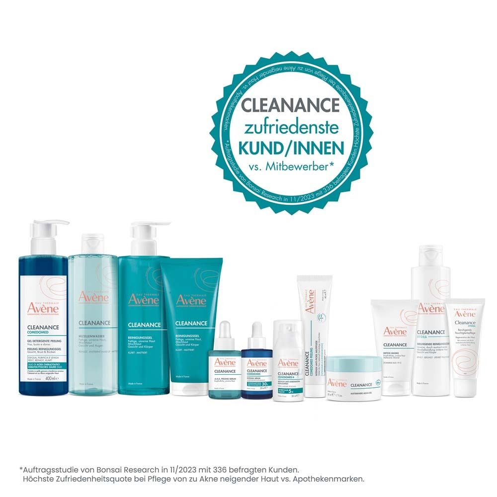 Gamma di prodotti Avène. Detergente, acqua termale, maschere e creme. Logo CLEANANCE.