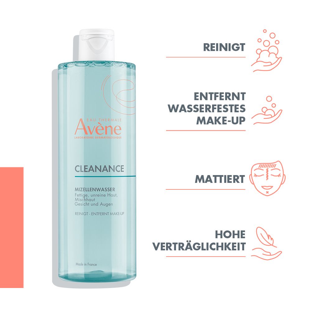 Acqua micellare Avène Cleanance in una bottiglia trasparente con tappo a scatto bianco.