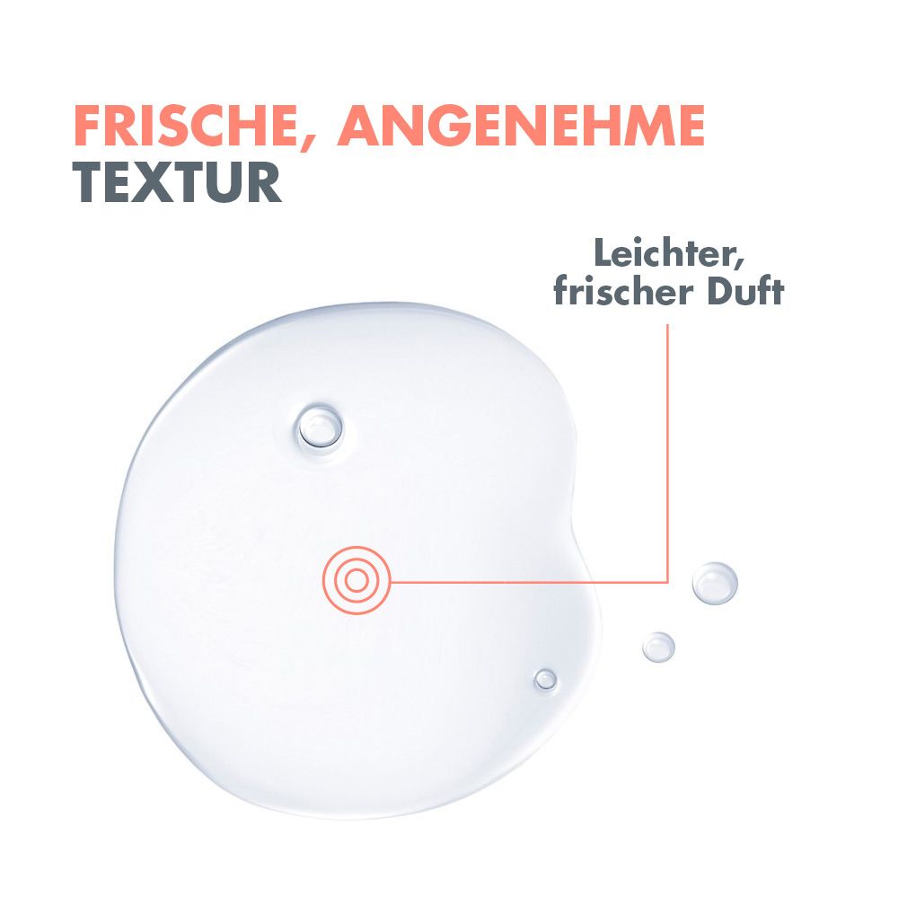 Texture liquida chiara con leggere bollicine e simbolo a bersaglio rosso. Etichettato "Texture fresca e piacevole" e "Profumo leggero e fresco".