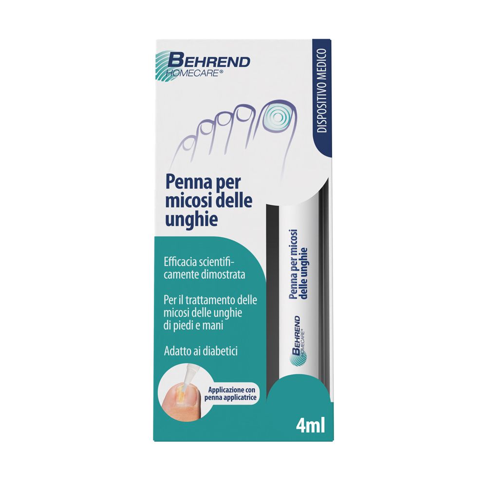 Penna per micosi delle unghie e confezione. Penna bianca con applicatore. Dispositivo medico.