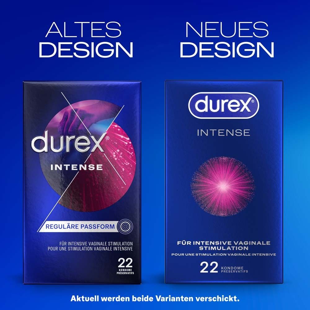Due confezioni di preservativi Durex Intense a confronto: vecchio e nuovo design. Entrambe le confezioni mostrano 22 preservativi.