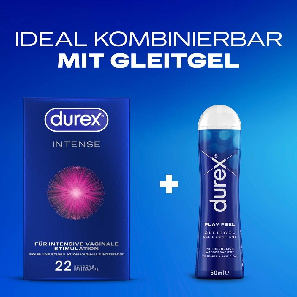 Confezione di preservativi Durex Intense da 22 pezzi e flacone di lubrificante Durex Play Feel.