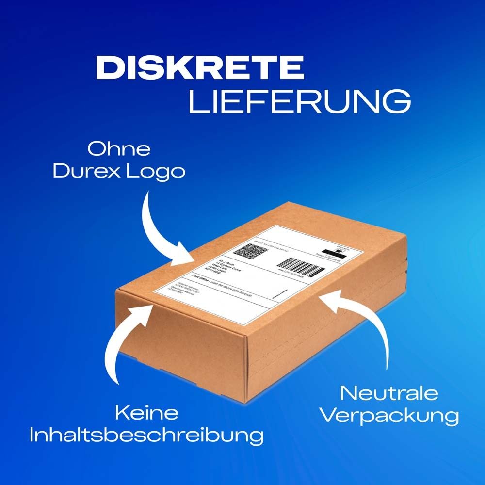 Scatola di spedizione marrone con imballaggio neutro e etichetta dell'indirizzo. Senza logo Durex, senza descrizione del contenuto.