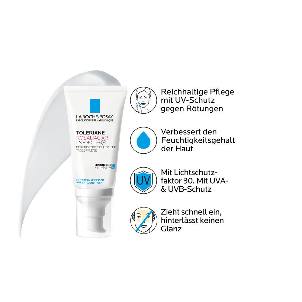 Tubo La Roche-Posay Toleriane Rosaliac AR SPF 30. Grafica testuale: protezione UV, idratazione, niente rossore, lucentezza.