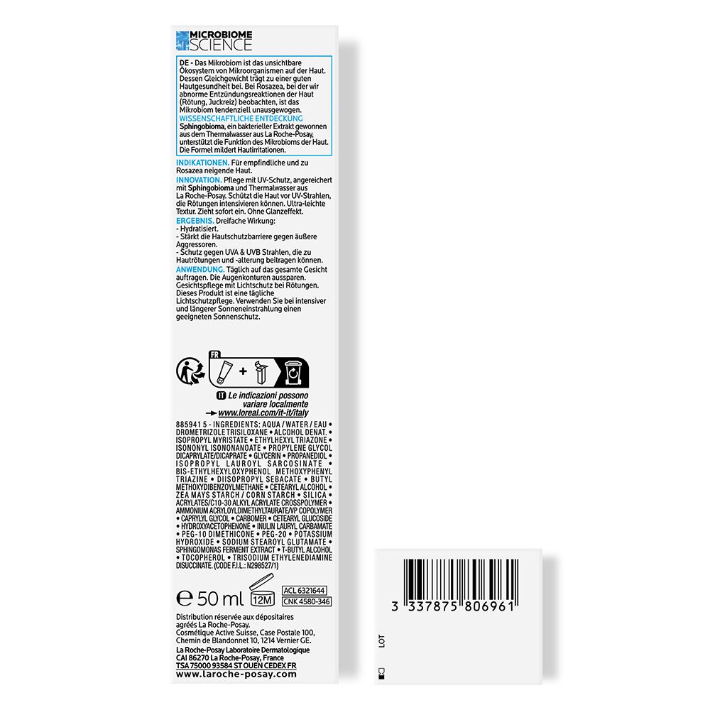 Confezione del prodotto. Testo: ingredienti, 50 ml, codice a barre, avvertenze.