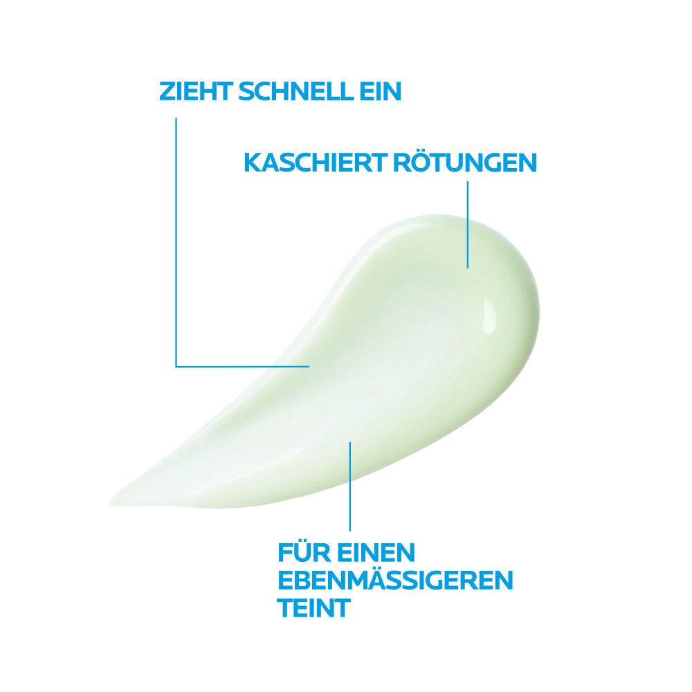 Tonalità verde. Testo: Si assorbe rapidamente, maschera i rossori, per un incarnato più uniforme.