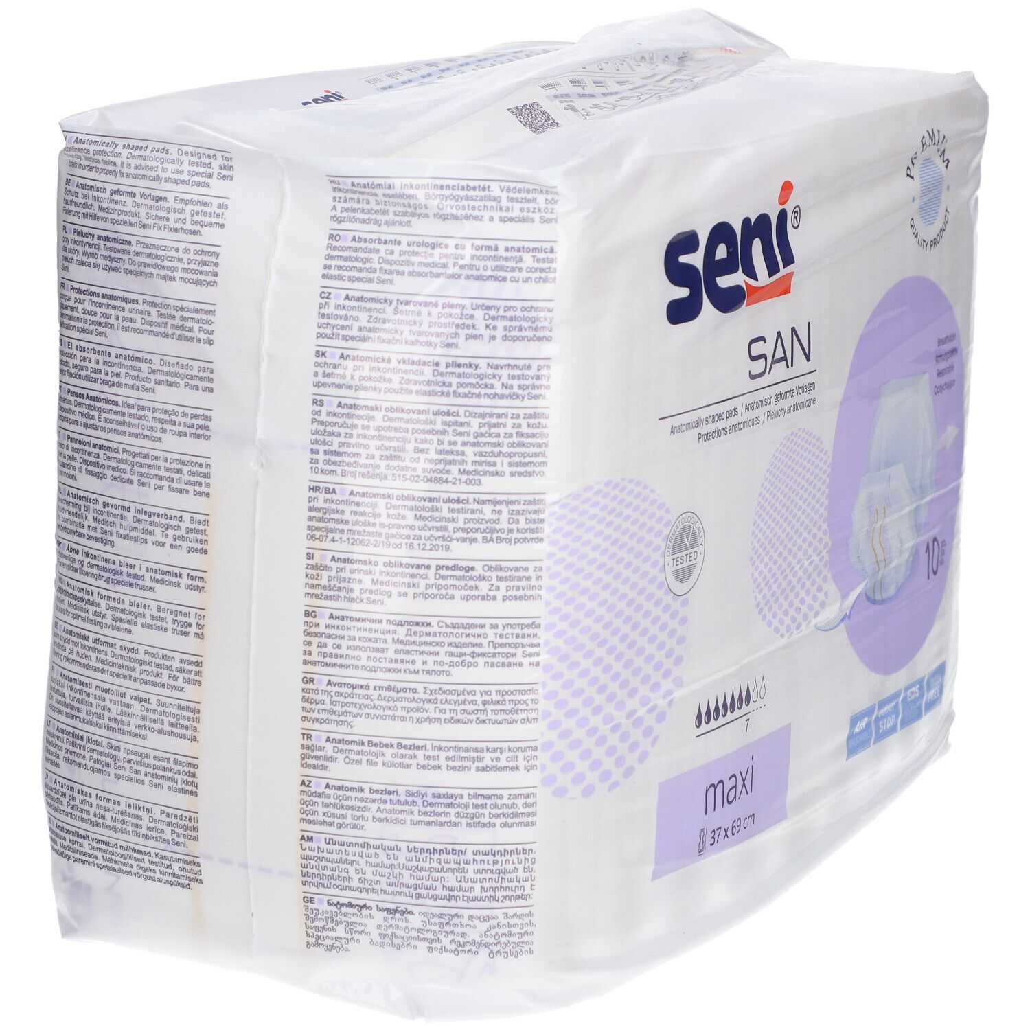 Confezione Seni SAN maxi, 37x69 cm. Assorbenti sagomati. Vista laterale con testo.