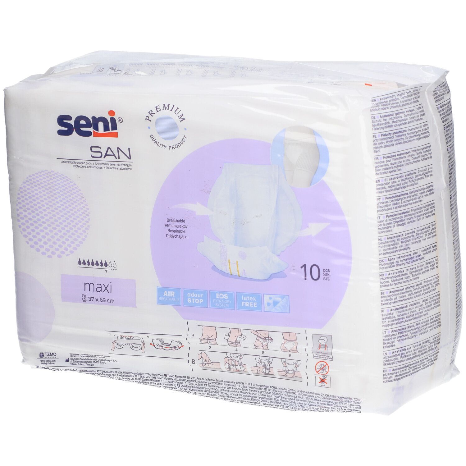 Confezione Seni SAN maxi, 37x69 cm. Assorbenti sagomati. 10 pezzi. Illustrazione del prodotto.