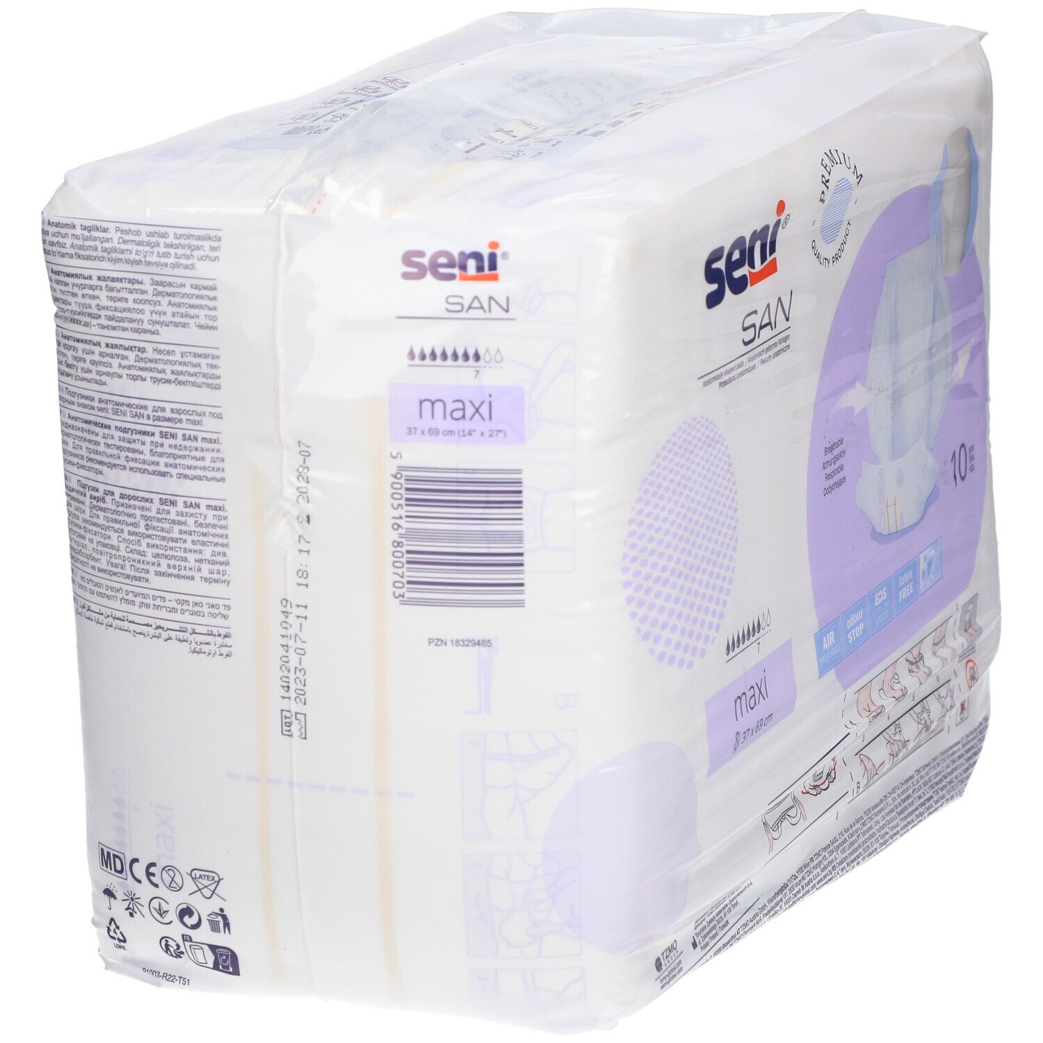 Confezione Seni SAN maxi, 37x69 cm. Assorbenti sagomati. Retro con codice a barre.